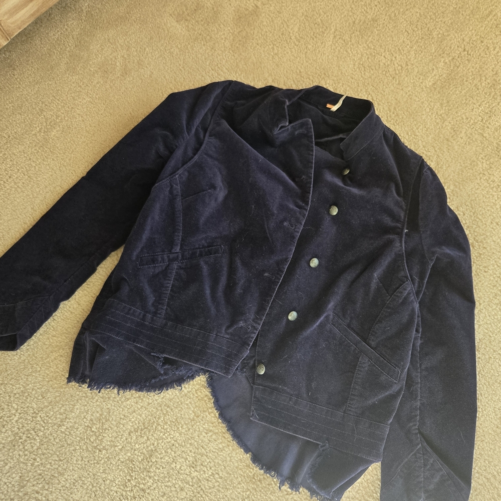 Free People Navy Velvet Military Jacket Raw Hem Asymmetrical Button Front